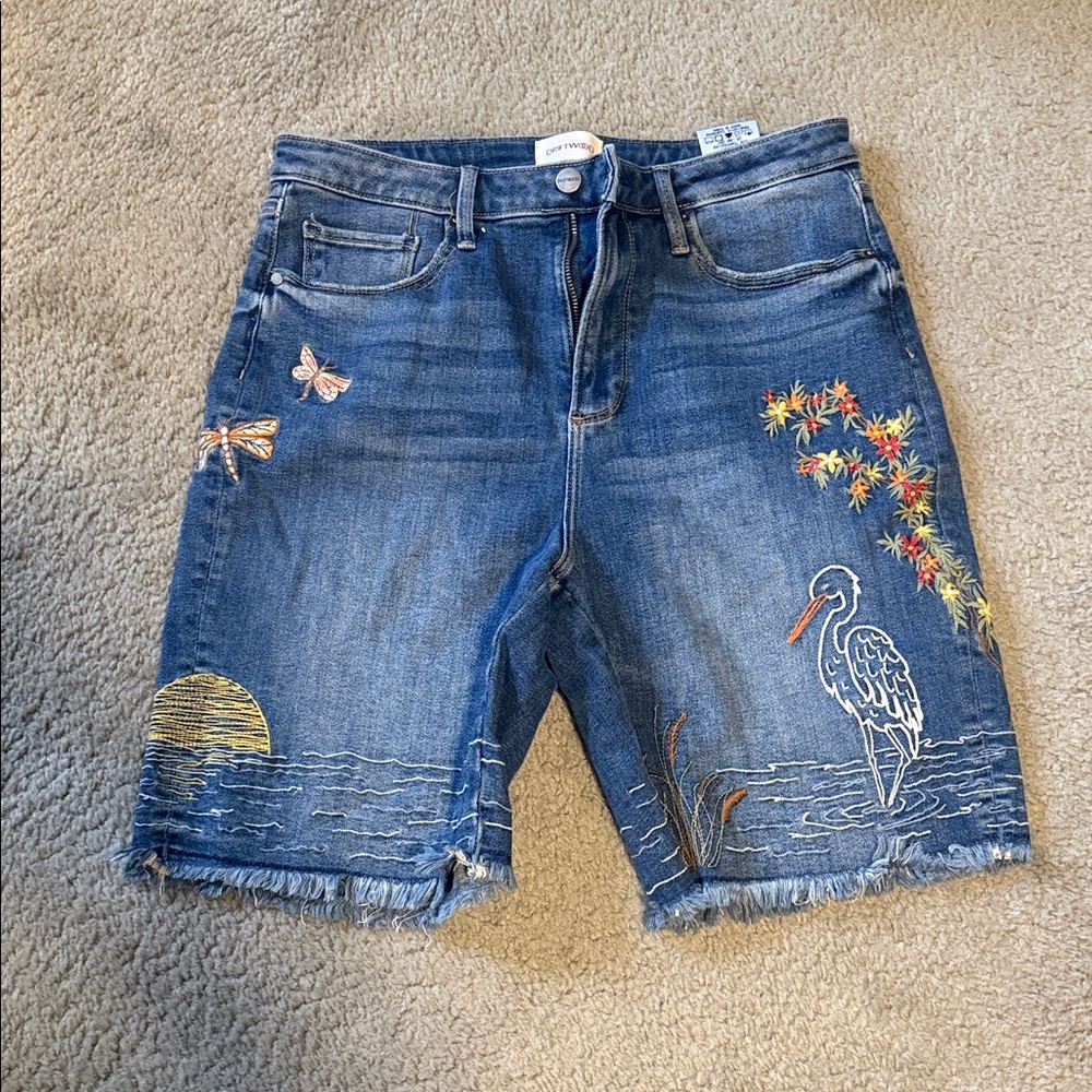 DRIFTWOOD Embroidered Blue Denim Jean Shorts with Multicolor Accents